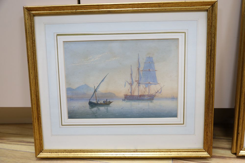 19th century English School, watercolour, Battleship under repair in a mediterranean harbour, 18 x 25.5cm